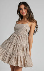 Lorelle Mini Dress – Brown Gingham Tiered Sleeveless Dress with Straight Neckline
