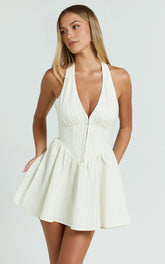 Halterneck Corset Waist Mini Dress with Gathered Skirt in Cream