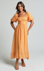 Roshina Midi Dress โ Puff Sleeve Straight Neck Dress in Vibrant Orange