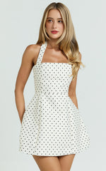 Dante Mini Dress – White Polkadot Halter Tie Flare Dress