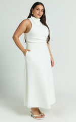 Macy Midi Dress – Sleeveless High-Neck A-Line Dress in Off White