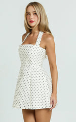 Dante Mini Dress – White Polkadot Halter Tie Flare Dress
