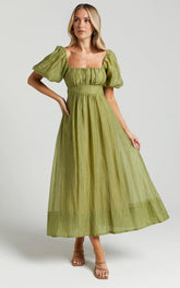 Roshina Midi Dress – Olive Straight Neck Puff Sleeve Dress
