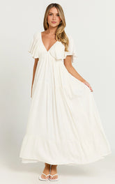 Lyrad Midi Dress – White Linen-Feel Empire Waist Textured Dress