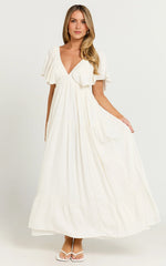 Lyrad Midi Dress – White Linen-Feel Empire Waist Textured Dress