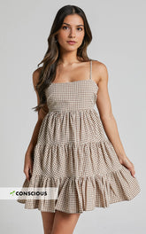 Lorelle Mini Dress – Brown Gingham Tiered Sleeveless Dress with Straight Neckline