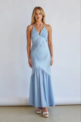 Lucinda Halter V-Neck Open Back Satin Midi Dress