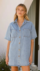 Chaney Button Up Mini Dress - Medium Denim
