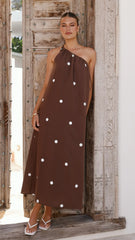 Nasira One Shoulder Maxi Dress - Chocolate / White Polka Dot