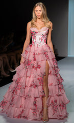 Sherri Hill Floral Print Corset Ruffle 57249