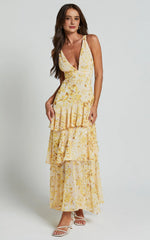 Floral Tiered Midi Dress - V-Neck Sleeveless Party Dress in Yellow