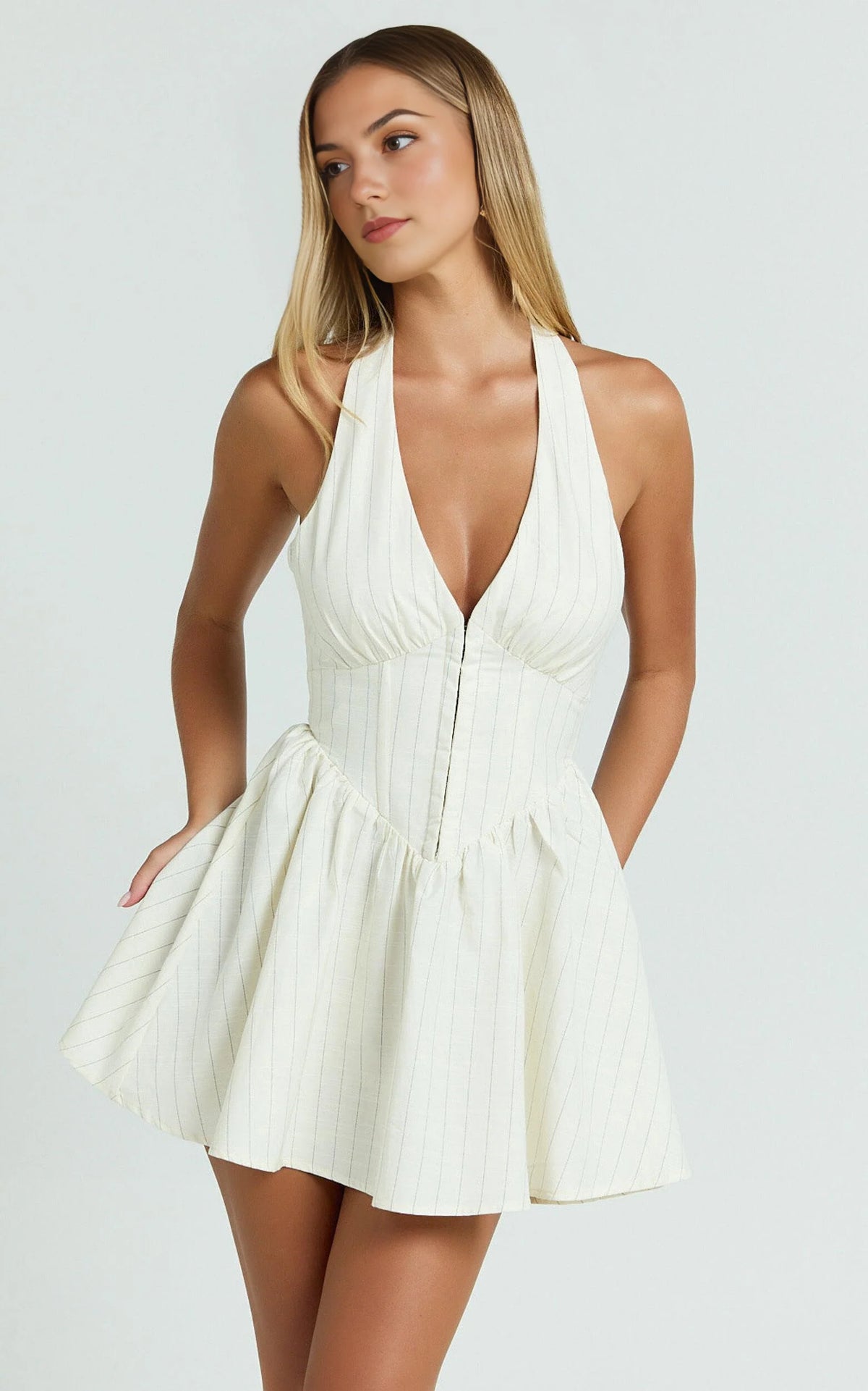 Halterneck Corset Waist Mini Dress with Gathered Skirt in Cream