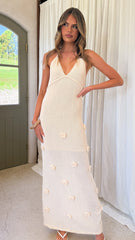 Sancha Flower Knit Maxi Dress - Beige