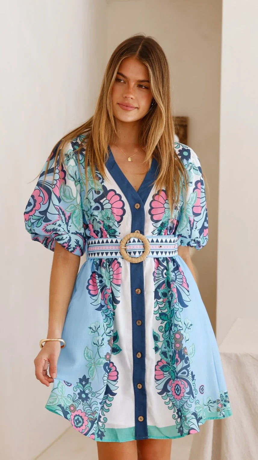 Dali Mini Dress - Island Bloom Blue