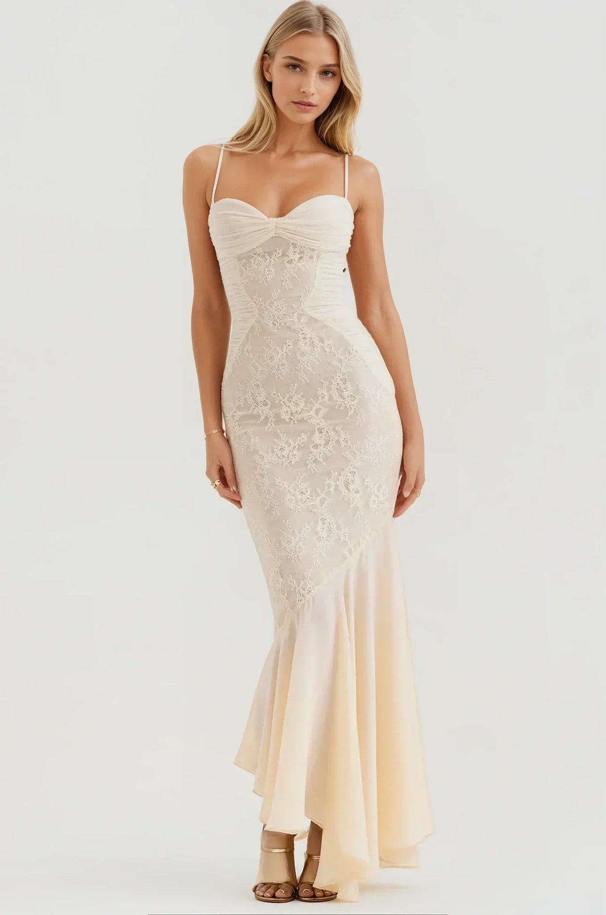 Celeste Ruched Lace Panel Maxi Dress