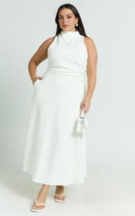Macy Midi Dress – Sleeveless High-Neck A-Line Dress in Off White