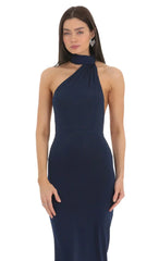One Shoulder Scarf Strap Maxi Dress in Navy
